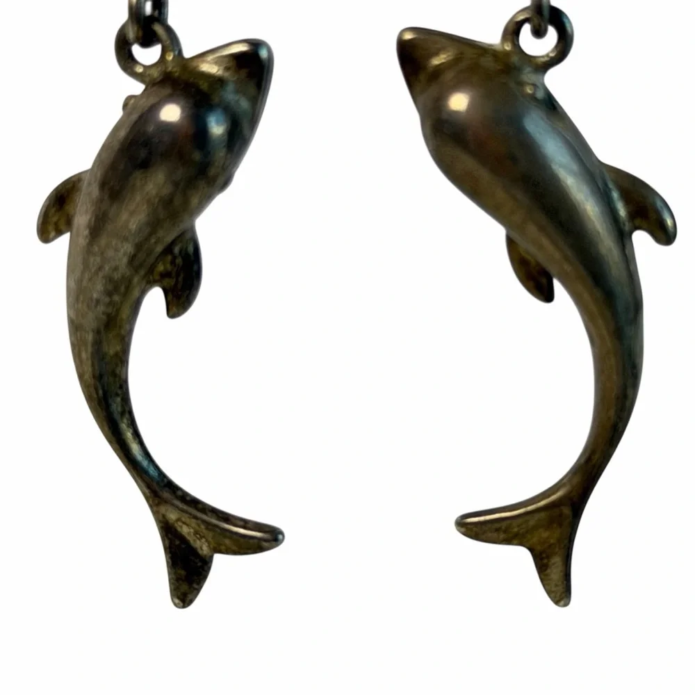 Vintage 925 Sterling Silver Dolphin Dangle Earrings Nautical Ocean beach - Picture 2 of 11